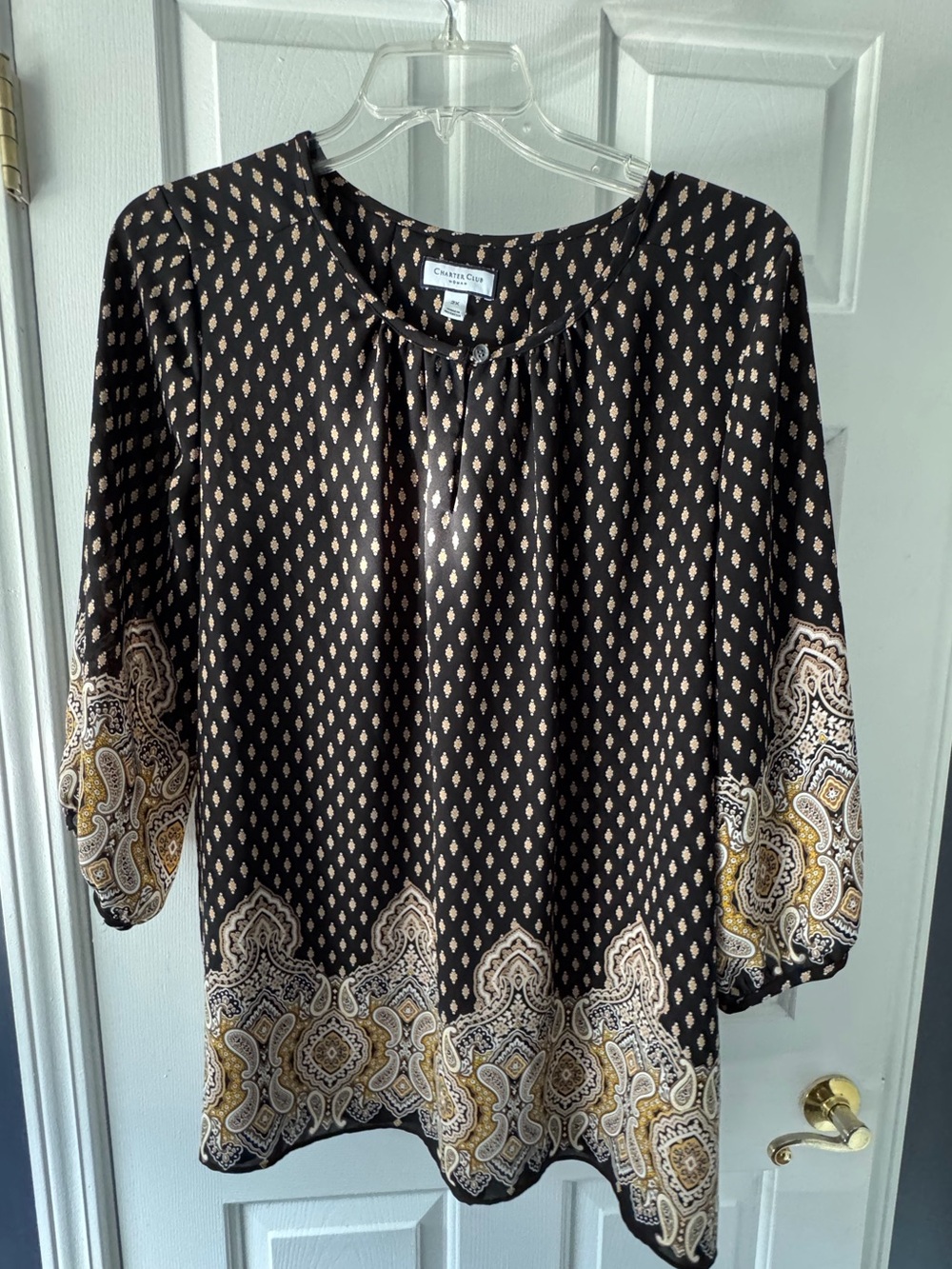 Charter Club Black and Cream Paisley-Trim Scoop Neck Tunic
